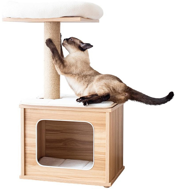플러시 퍼치 부드러운 해먹 종이 밧줄 긁기 포스트가 있는 캣트리 너바나 3레벨 고양이 나무 등반 및 휴식을 위한 미니멀리스트 가구 고양이와 작은 고양이에게 이상적인 베이지, Brown