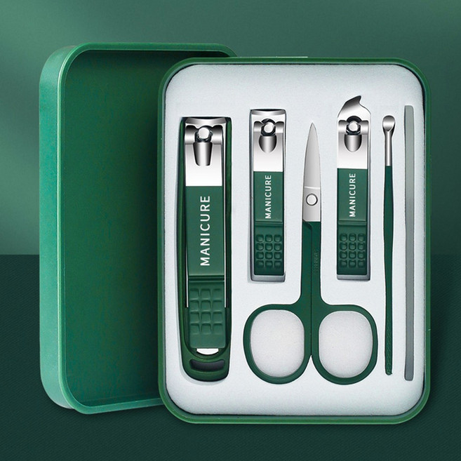 손톱깎이 6종 세트 네일케어 위생관리 휴대용 손톱정리 도구, 1개, 그린