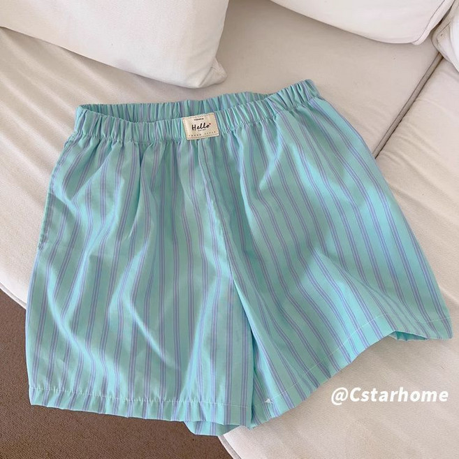 韓版條紋短褲，寬鬆休閒鬆緊家居睡褲，親膚棉質薄款女褲子