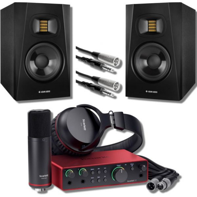 스칼렛 2i2 스튜디오 4세대 녹음 번들 Adam Audio T5V 5인치 파워 모니터 및 케이블 포함, 스칼렛 2i2 스튜디오 4세대 녹음 번들 Adam Au