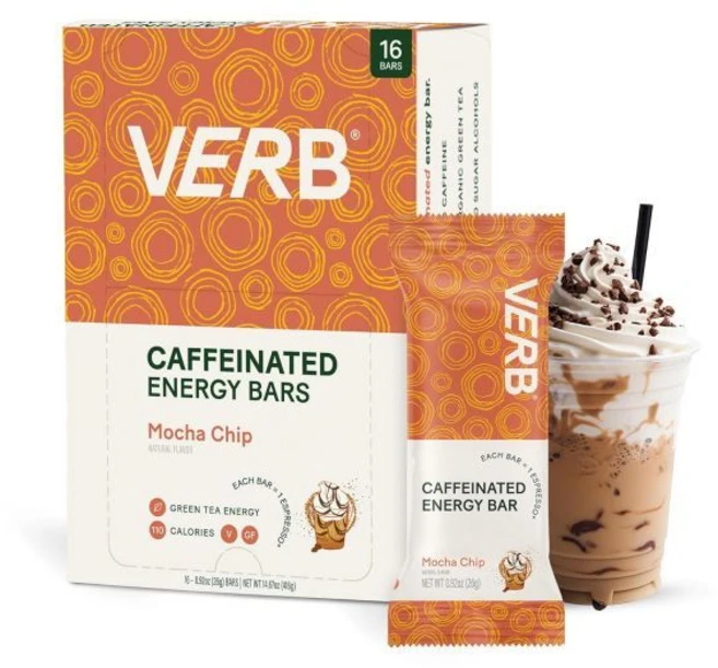 Verb Caffeinated Energy Bar - 모카칩 카페인 스낵 바 110칼로리 저당 에너지 영양 비건 글루텐 프리 녹차 26g(16팩), Verb Energy - 카페인 에너지 바 모카 칩 1, 16 Count (Pack of 1), 1개, 26g - 쿠팡