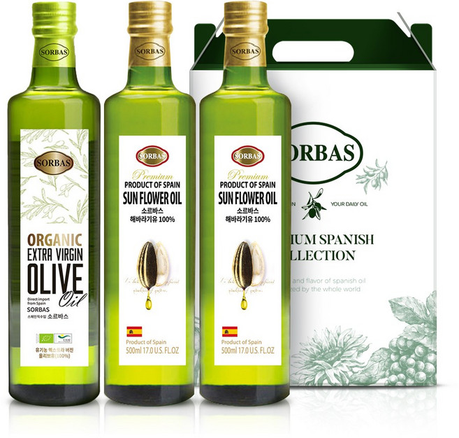 [선물포장]소르바스 유기농엑스트라버진 올리브유 500ml 1병 +해바라기유 500ml 2병오일선물세트