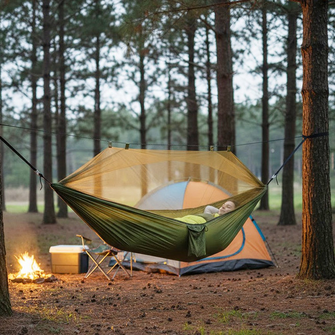 파우치형 캠핑 모기장 해먹침대, 카키색