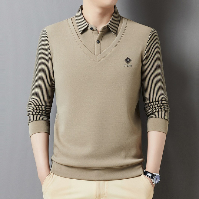 스트라이프 폴로 셔츠 남봄가을 중년 아빠 루즈핏 캐주얼 터틀넥 상의 티셔츠 봄 가을 이너 카라넥 티셔츠