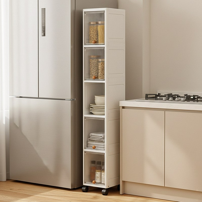 Coucamp 틈새 수납장 슬라이딩 틈새 수납장 좁은 공간 저장 수납 플라스틱 조립, 흰색, 1개