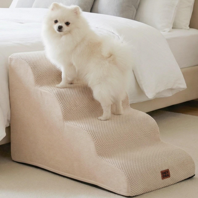 EHEYCIGA 곡선형 쾌적 강아지 계단 논슬립 슬개골보호 애견계단 2단 3단 4단, 1개, 베이지색