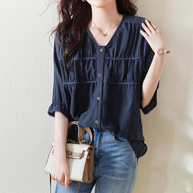 레일라 베니 브이넥 셔링 5부 소매 블라우스 S250711SM-14