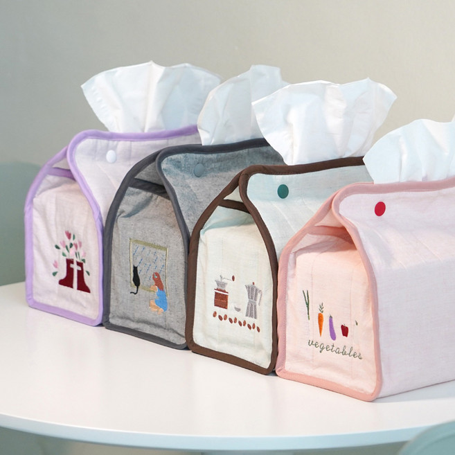 컬러버튼 담다티슈 핸드메이드 패브릭 자수 커버 케이스, 파스텔 그레이, 아이보리