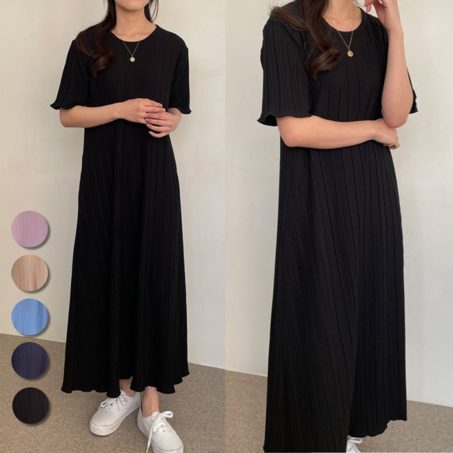 핏몬 여성 구김없는 심플 플리츠 주름 반팔 롱 원피스 5종
