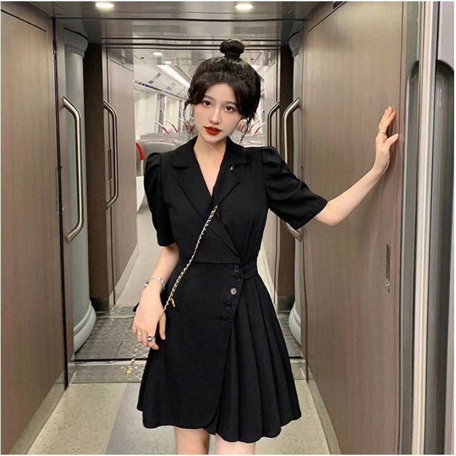 POMTOR 여름 반팔 심플 오피스룩 정장 플리츠 원피스