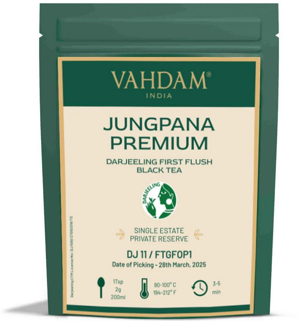 VAHDAM Jungpana 프리미엄 다르질링 퍼스트 플러시 홍차 2025 | 100g/3.53온스 | 순수 혼합되지 않은 신선한 손으로 따낸 루스 리프 티 | 50잔 이상, 융파나 프리미엄 FF