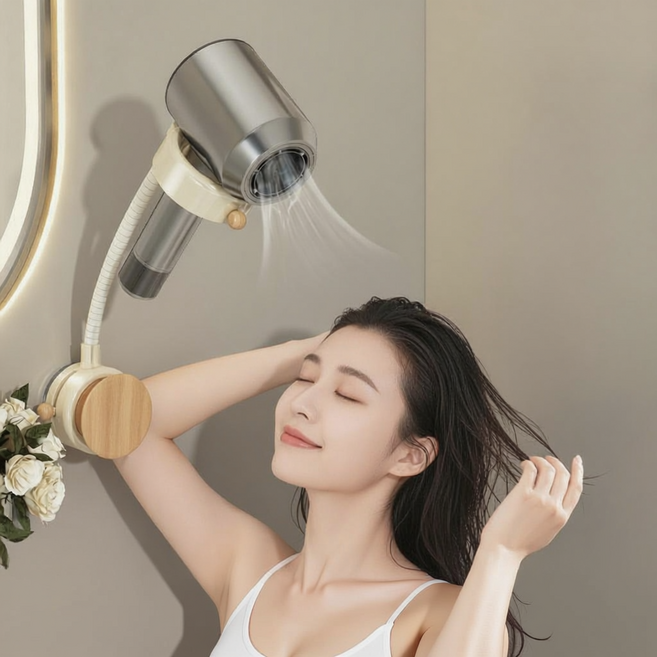 누블루 무타공 핸즈프리 드라이기 거치대, 1개, 화이트우드