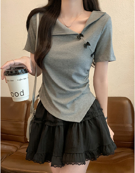 ANYOU 여름 여성 반팔 티셔츠 슬림 핏 비대칭 디자인 상의