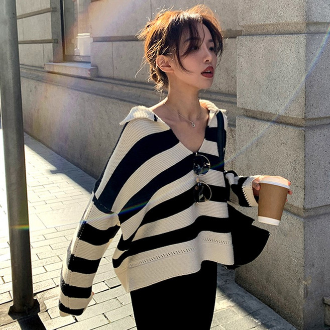 MING빈티지 블랙 앤 화이트 스트라이프 브이넥 니트 여 이른 가을 디자인 나른한 핏 긴팔 니트 풀오버에옷