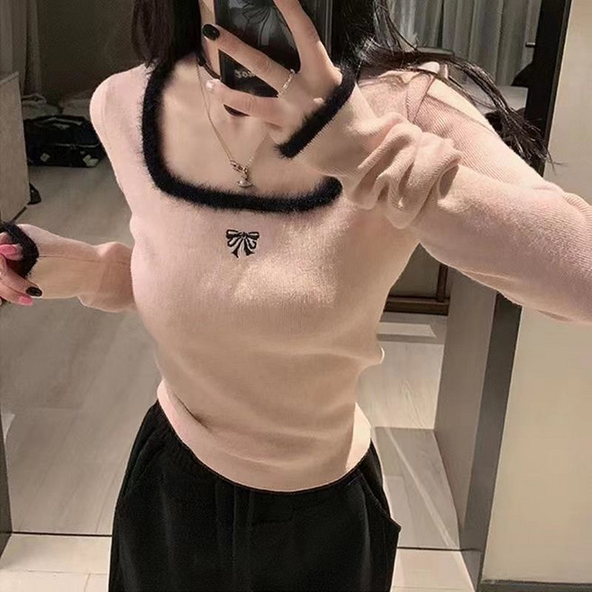 가을 겨울 여성용 긴팔티 슬림핏 스퀘어넥 여성 기모 숏 상의 캐주얼 여자 이너웨어 상의 LZH