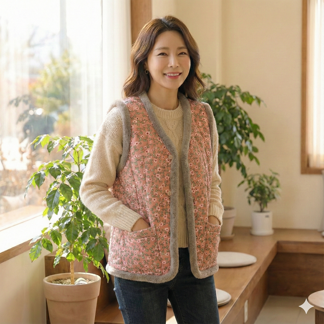 모스터 여성 촌캉스 꽃무늬 할머니 김장 조끼