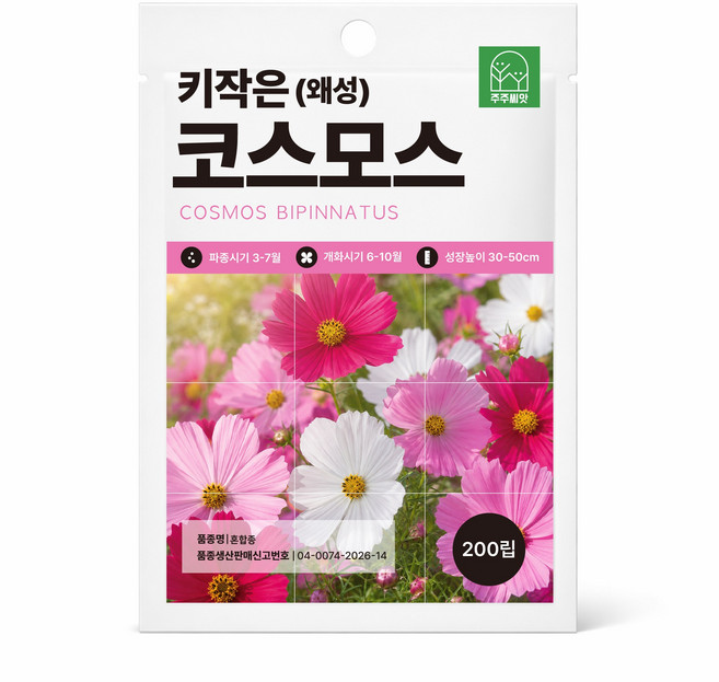 [주주씨앗] 왜성 코스모스씨앗 200립 키작은 왜성 코스모스 종자 씨 봄 여름 가을 파종 오래피는 꽃씨 야생화 꽃씨몰 키우기, 1개