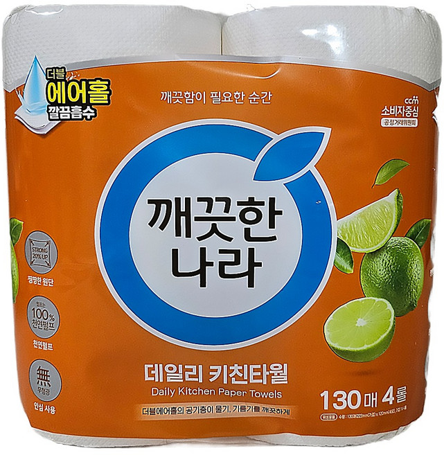 깨끗한나라 데일리 천연펄프 키친타올, 130매, 4개