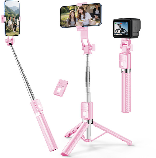 NICESUN 블루투스 휴대폰 삼각대 스마트폰/카메라/고프로 삼각대 셀카봉 130cm S6, 핑크