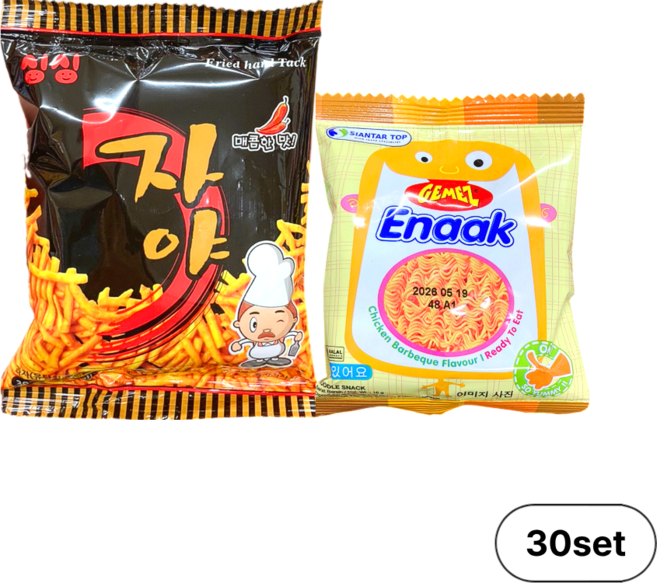 자야30g + 에낙 오리지널16g / 세트 추억의 옛날 과자 라면땅 문방구 라면 간식, 30세트, 46g