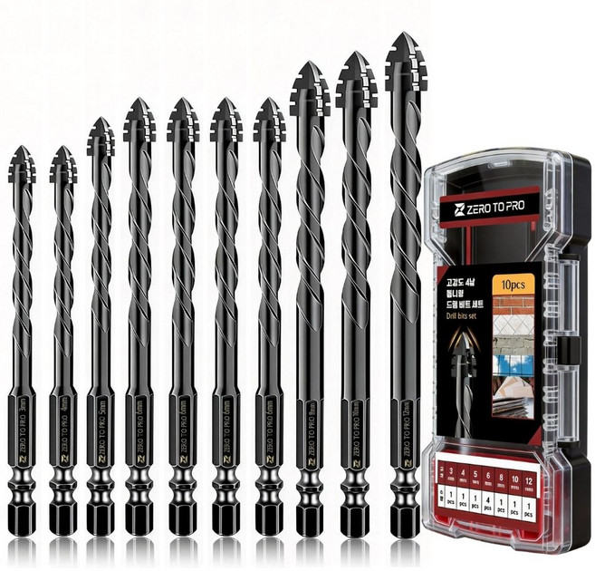 4날 톱니형 드릴 비트 콘크리트 타일 드릴 비트 10개입 세트 드릴 기리, 1, 3-12mm