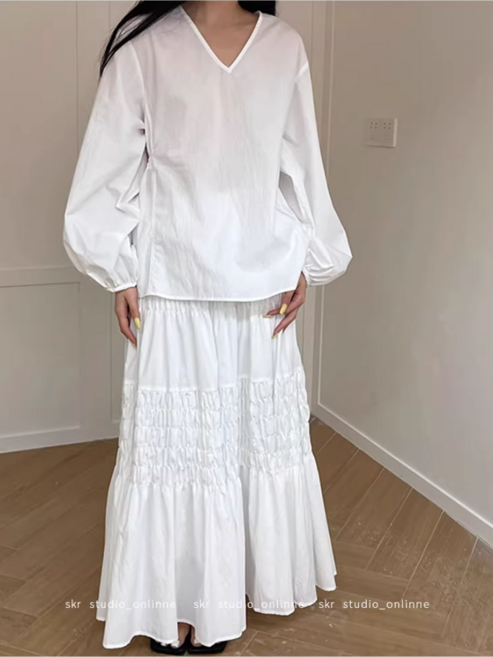 러비네 여성 봄여름 스모크 주름 플리츠 허리밴딩 롱 스커트 치마 미시룩