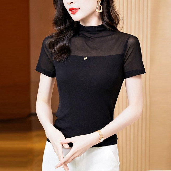 여름 여성 목폴라티 캐주얼 망사 레이스 슬림핏 반팔 반폴라티 데일리 솔리드 여자 반목 반팔티 빅사이즈 YJW