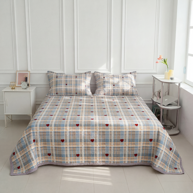 씽윤 사계절 양면 침대커버 항균 방진 소프트 침대 패드 시트, 하트체크