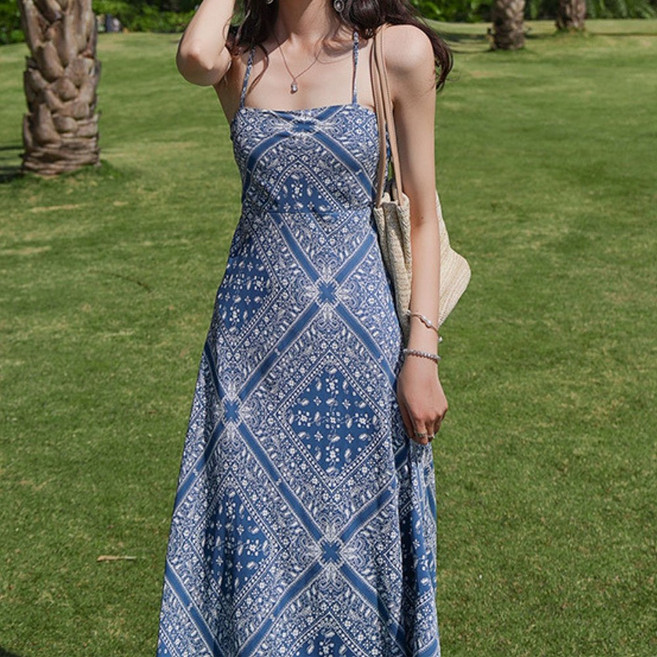 블랙루비스 롱 원피스 여름 바캉스 페이즐리 꼬임 나시 시크블루어