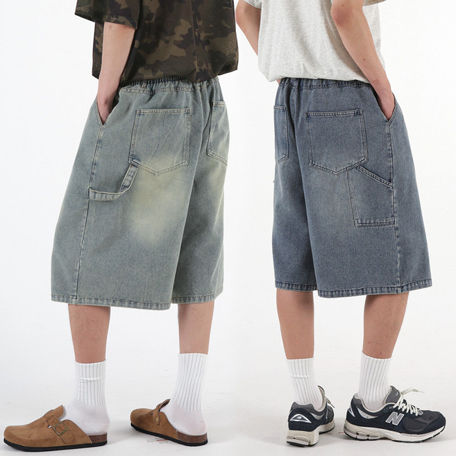 [오버나인] 남자 남성 워싱 데님 와이드 버뮤다 팬츠 반바지