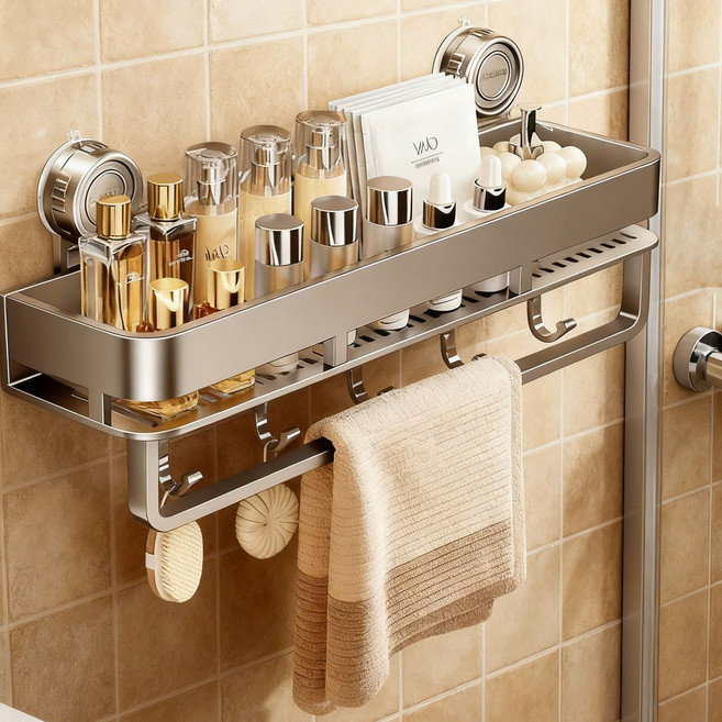 KEMEI 초강력 진공흡착 무타공 욕실선반 다용도 수납 정리함 (수건걸이+이동식 후크) 건그레이