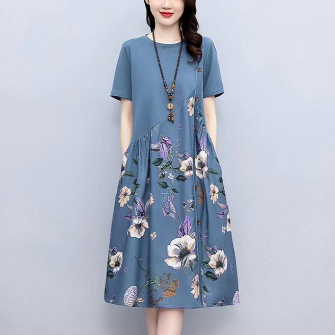 8xl까지 중년여성 반팔 원피스 빅사이즈 예쁜 플라워 스커트 루즈핏 a라인 셔링 미디 롱 원피스