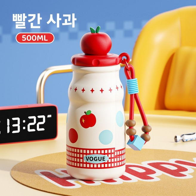 신형 316 스테인리스 보온컵 귀여운 만화 디자인의 사과 모양 컵 고급스러운 디자인의 학생용 휴대용 빨대컵, 500ml, 빨간 사과