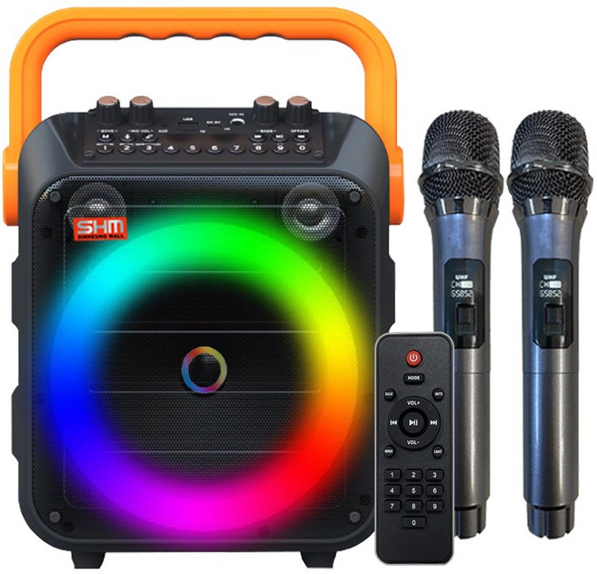 신흥몰 SM-9000 충전식 휴대용 블루투스 노래방앰프 무선MIC2 USB MP3 FM라디오 USB핀볼