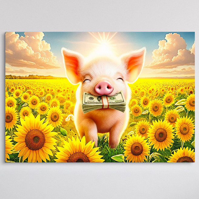 [인메이블] 돈들어오는 해바라기 밭 부자 아기돼지 5종 그림 풍수 개업 선물 인테리어 그림 캔버스 액자 거실 현관 복도 인테리어 재물운 벽 인테리어, 01.해바라기 밭 부자 아기돼지