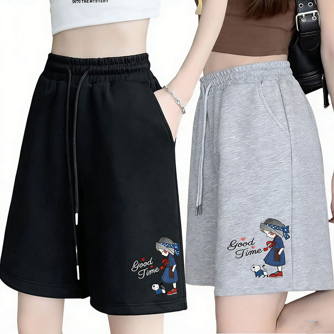 ROYALBELLE 2장묶음 여성 하이웨스트 프린트 트레이닝 반바지 루즈핏 캐주얼 스트링 5부 일자 반바지 V062128