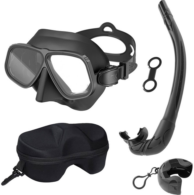 플로디 프리다이빙 유리 마스크 스노클 세트, 블랙/블랙