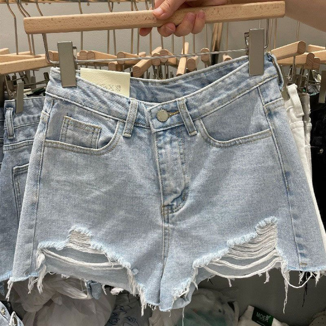 여성 데님 반바지 여름 하이웨이스트 언밸런스 퍼 트리밍 반바지 데일리 여자 청반바지 YCY