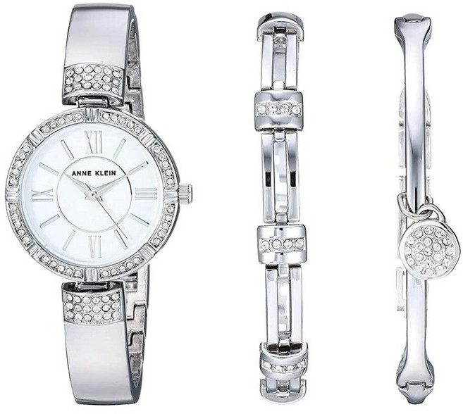 Anne Klein 여성용 프리미엄 크리스털 악센트 손목시계 및 팔찌 세트 실버 132164