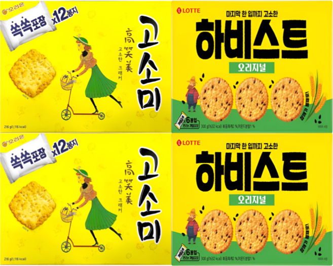 <꾼들>오리온 고소미 216g 2 + 하비스트 오리지널 300g 2 과자세트 인기과자 1 세트 + 보리건빵 1, 1개