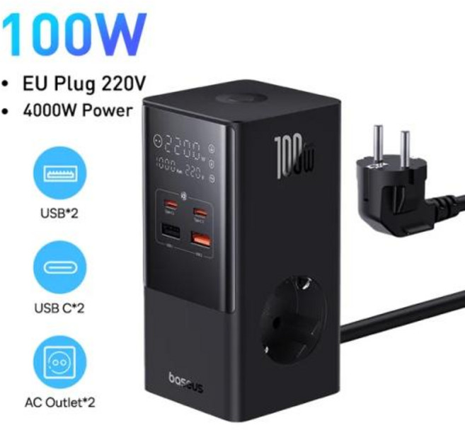 베이스어스 Baseus 고속 USB 충전기 멀티탭 데스크탑 충전 스테이션 서지 보호대 100W 6 in 1, 60m, 없음, 1개