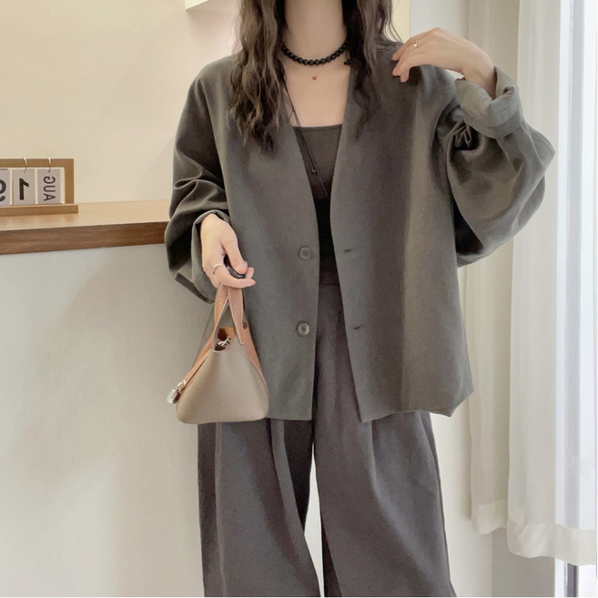 COSYEVNO 여성자켓 가을 브이넥 심플 트렌디 캐주얼 루즈핏 숏 긴팔 버튼 상의 CXJjk-11