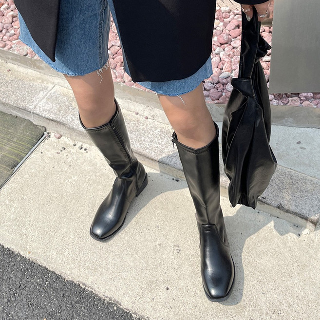 [당일출고/꼼꼼베스트] 꼼꼼구두 마론 스퀘어 가죽 스판 사이드 지퍼 통굽 롱 부츠 (4cm)