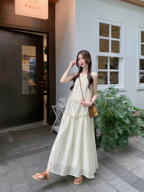 DIU 夏季假兩件清冷感純色連衣裙女仿天絲圓領新中式無袖背心裙, 均碼