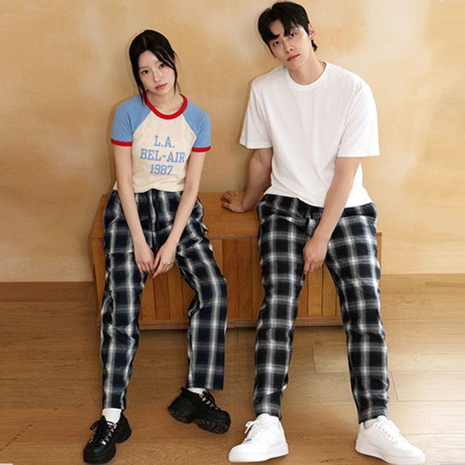 퍼핀 M~2XL 타탄 체크 바지 루즈핏 세미와이드 일자핏 팬츠 남녀공용 데일이 이지팬츠