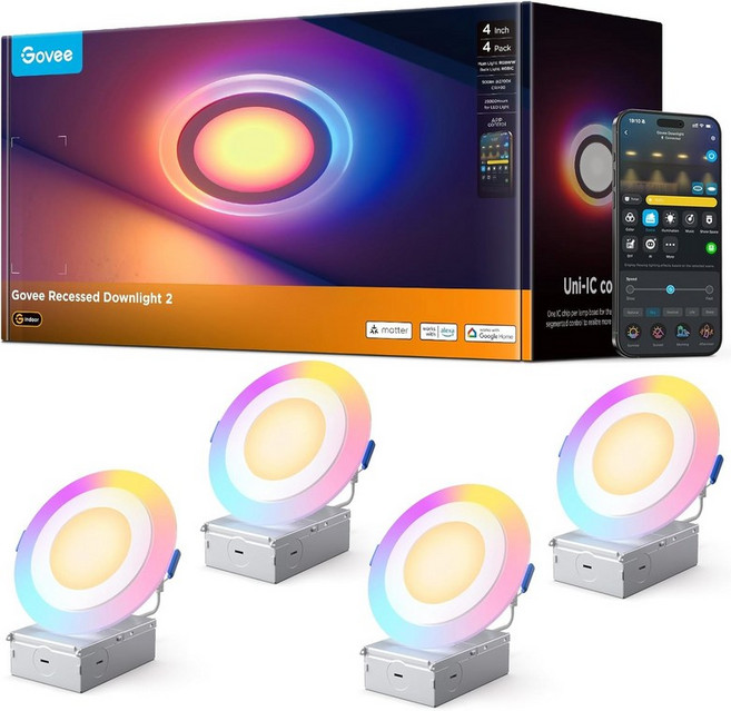 고비 스마트 오목 조명 4인치 물질 및 알렉사와 호환되는 RGBIC LED 2700K-650K 디밍 가능 900LM 캔리스 다운라이트 침실용 정션 박스 4팩