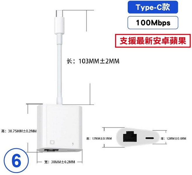 Type-C/L 轉 RJ45 網路轉接器 100Mbps, 1個, 6號Type-C 二合一-100M, 6號Type-C 二合一-100M