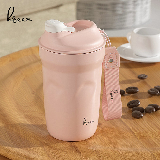 HSEEN 텀블러 대용량 316 스테인리스 스틸 남녀 고비주얼 간편 가볍고 도톰한 가정용 커피잔 공장, 핑크, 390Ml, 1개