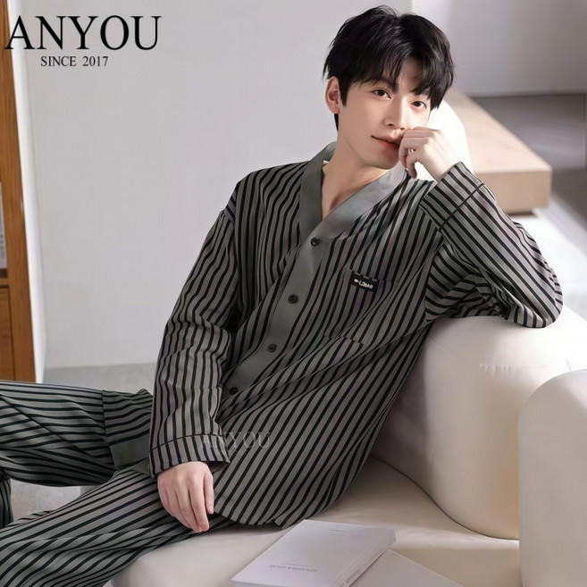 ANYOU 파자마 남성 봄 긴팔 남성 청년 스트라이프 세트 편안하고 패션
