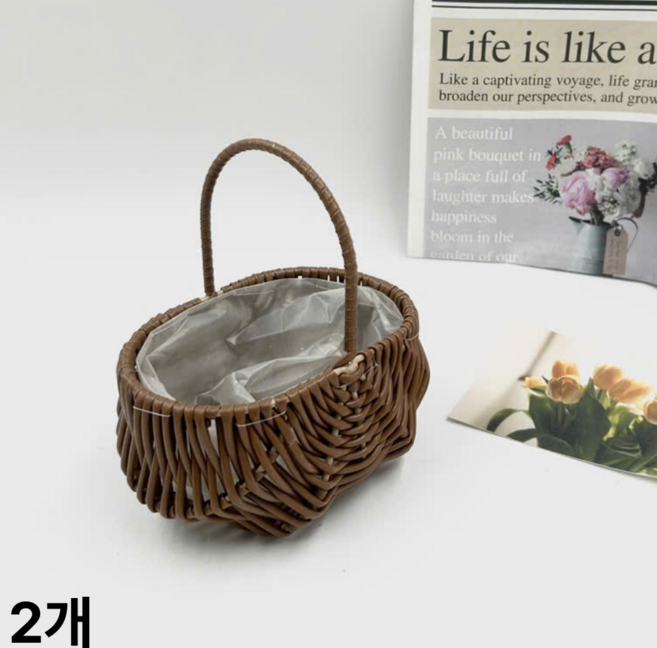 히스홈 미니 라탄 꽃 바구니 꽃꽂이 공예, 2개, 브라운
